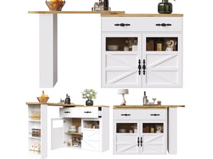 Table de bar extensible 138-204 x 39 x 104 cm blanche en mdf, pivotante avec rangements pour repas et bureau