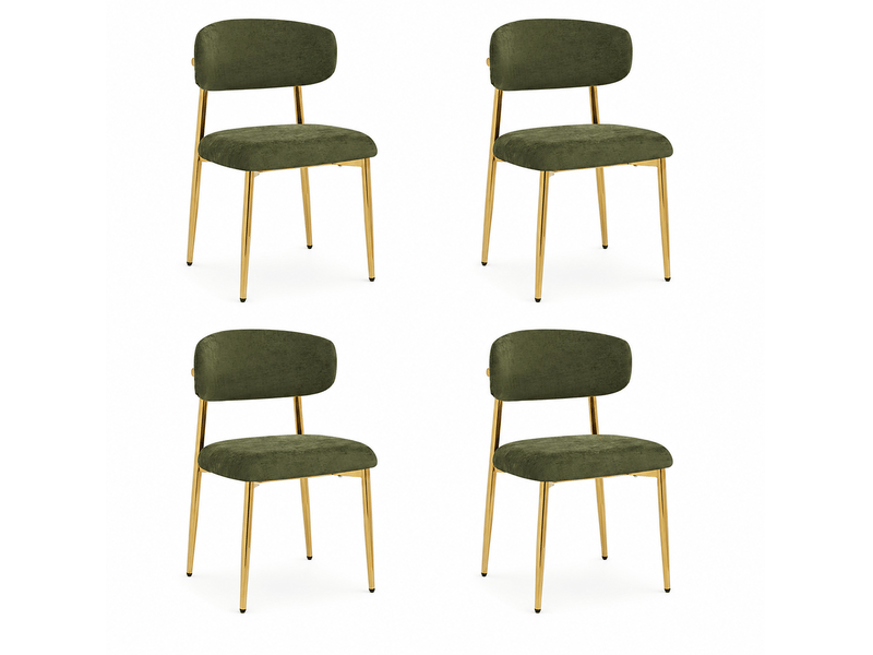 Lot de 4 chaises de salle à manger 51x50x81 cm, assise rembourrée, patins réglables, métal et bois, vert et doré - Conforama A