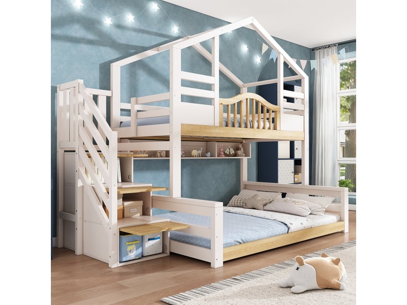  Lit superposé en forme de maison, lit supérieur 90 × 200 cm, lit inférieur 140 × 200 cm ; équipé d’un escalier de rangement et d’étagères, adapté aux familles nombreuses, blanche  - Conforama D