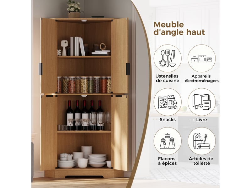  Meuble d’angle avec 4 portes et étagères réglables, finition ondulée, pour cuisine et salon, mdf naturel, 60 × 60 × 172 cm  - Conforama E