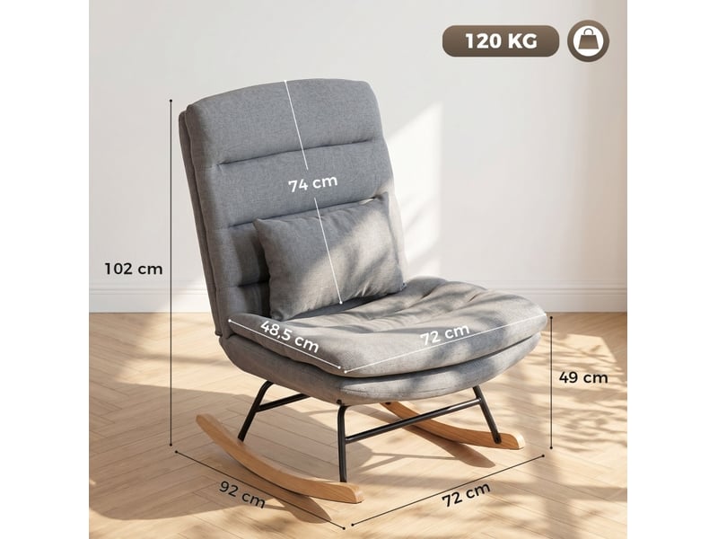 Fauteuil à bascule à dossier haut avec coussin lombaire et assise large, en tissu aspect lin gris clair - Conforama D