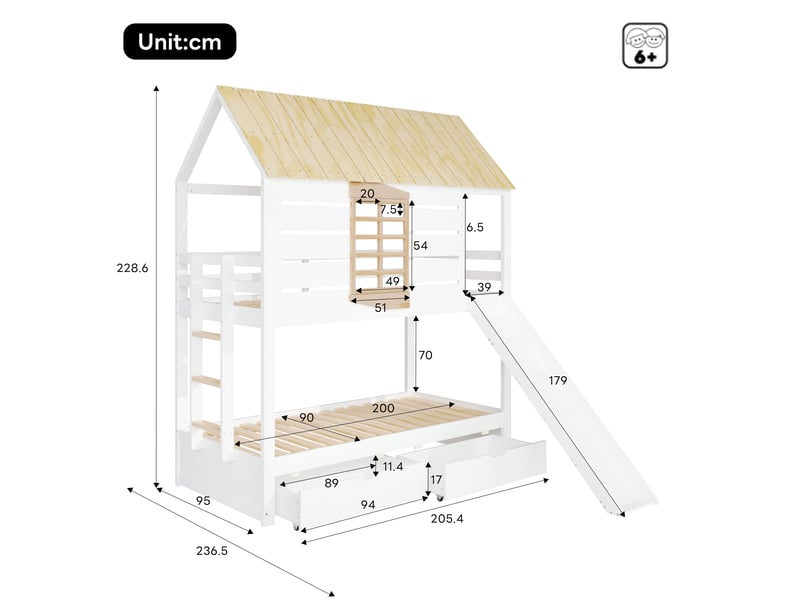  Lit superposé 90x200 blanc et naturel avec toboggan et 2 tiroirs  - Conforama C