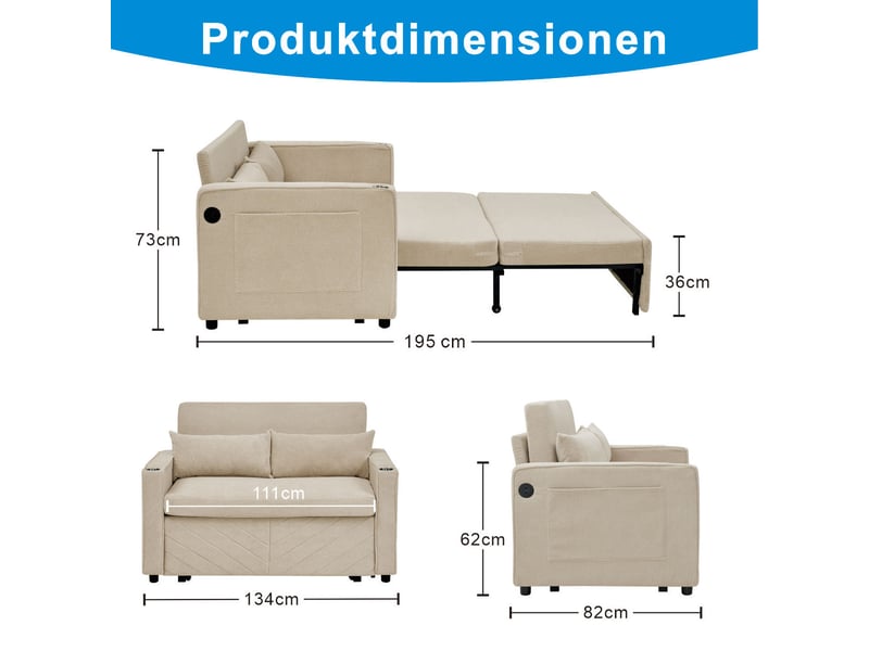  Canapé-lit ulevr 2 places convertible coulissant avec ports usb, 134 x 82 x 73 cm, bois et tissu beige  - Conforama C