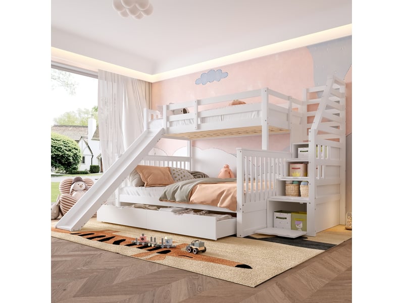  Lit superposé enfant 90x200 et 140x200 cm avec toboggan et tiroirs blanc  - Conforama D