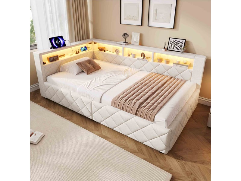  Lit banquette coffre 90x200 cm en lin avec rangement hydraulique, led, usb, tête de lit avec étagères, lit simple rembourré - beige  - Conforama B