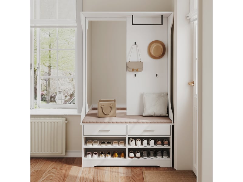  Meuble d'entrée multifonctionnel 104 cm – vestiaire blanc avec miroir, patères, barre de penderie, tiroirs et étagères à chaussures  - Conforama C
