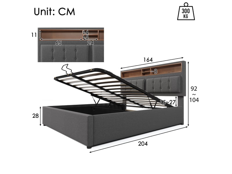  Lit coffre tcqpz 160 x 200 cm gris en lin avec tête de lit réglable usb type c et prises  - Conforama C