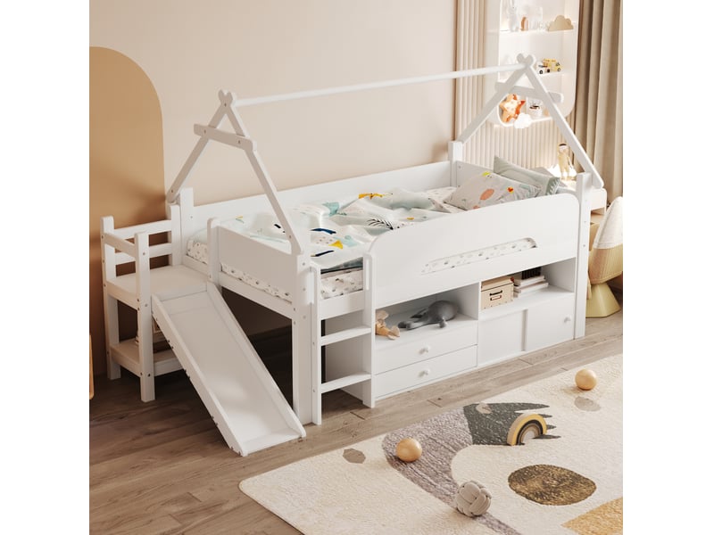 Lit mezzanine 90x200 cm, toboggan, coin jeu et barrières de sécurité, 2 tiroirs, bois, couleur blanc - Conforama D