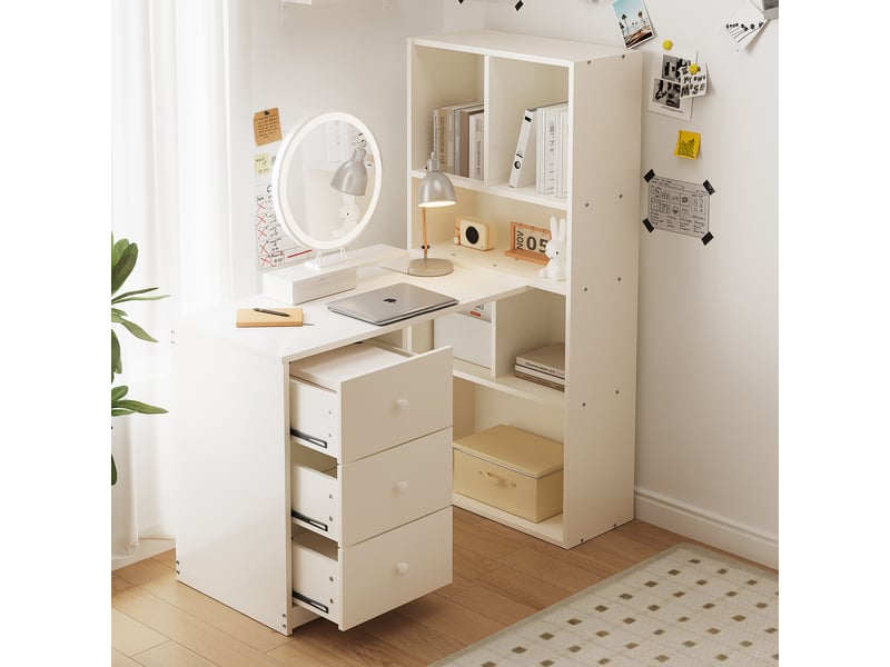  Bureau d'angle multifonction 117 × 63 × 135 cm blanc avec 4 compartiments, 3 tiroirs et bibliothèque intégrée  - Conforama D