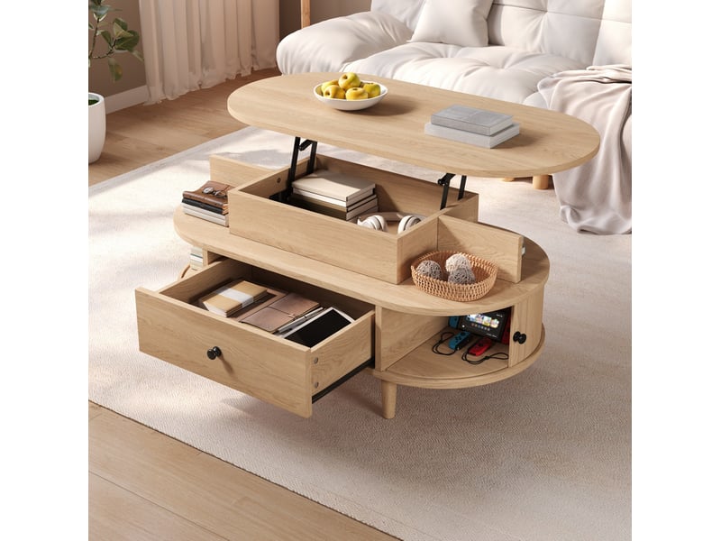  Table basse ovale relevable 105x50x60,5 cm avec rangement, mdf naturel  - Conforama W