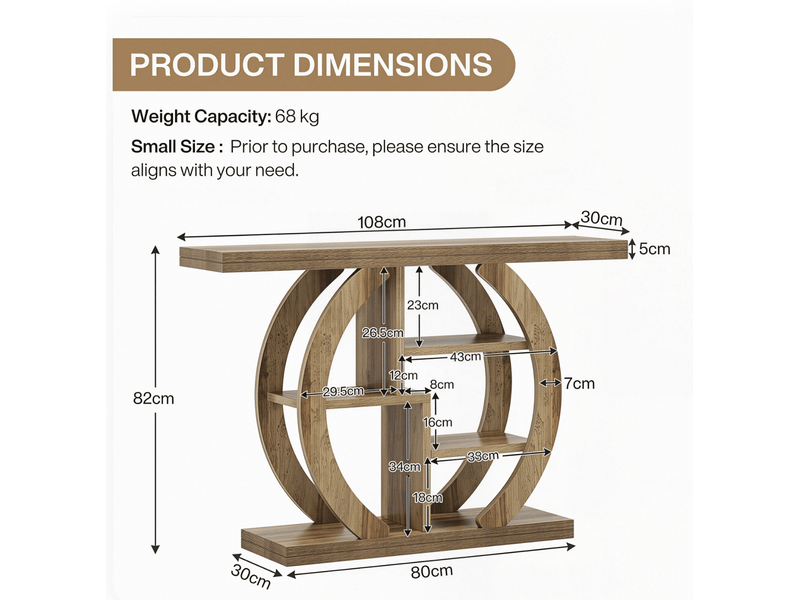  Table console 108 x 30 x 82 cm avec 4 niveaux de rangement, style campagne, bois marron  - Conforama C