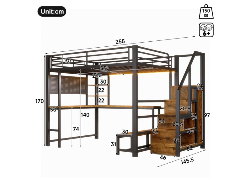  Lit mezzanine 140 × 200 cm avec bureau, étagères, escalier de rangement, led et prises usb-c pour chambre, noir  - Conforama C