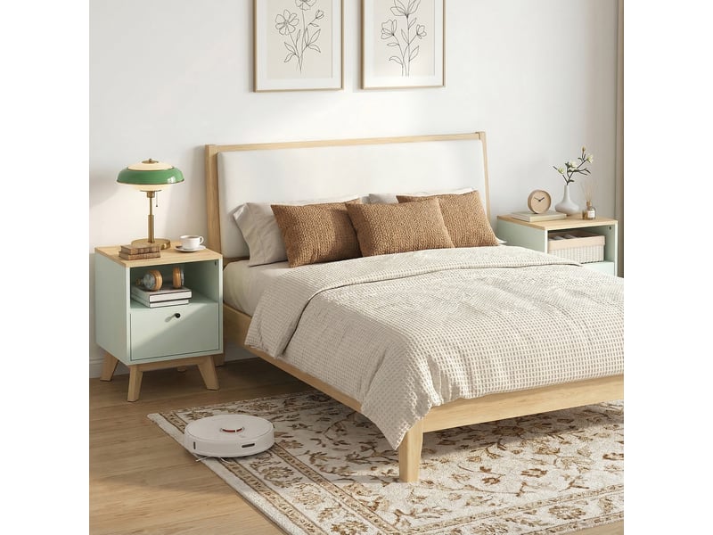  Lot de 2 tables de chevet, tables de nuit avec tiroir et compartiment ouvert, 40 x 40 x 55 cm, chêne et vert clair  - Conforama D
