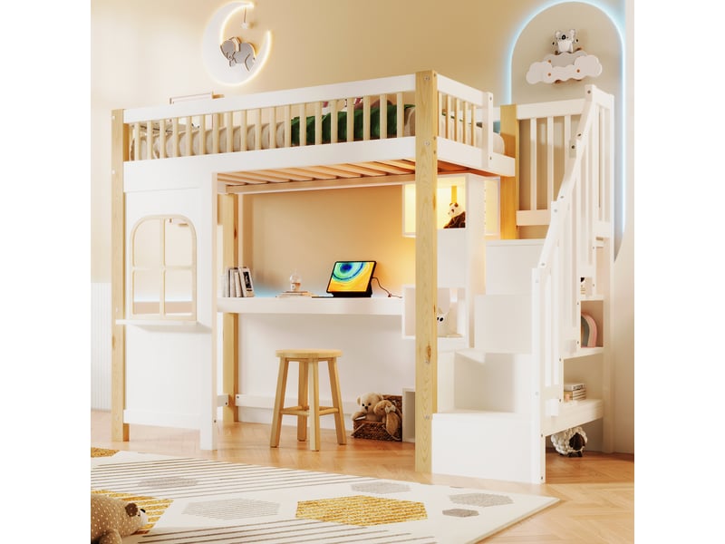 Lit mezzanine 90x200 cm blanc et bois – bureau intégré, led et rangements - Conforama B
