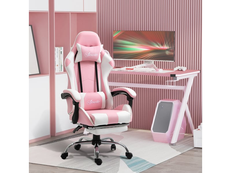  Fauteuil de jeu ergonomique inclinable avec appui-tête, coussin lombaire et hauteur réglable, rose et blanc  - Conforama D