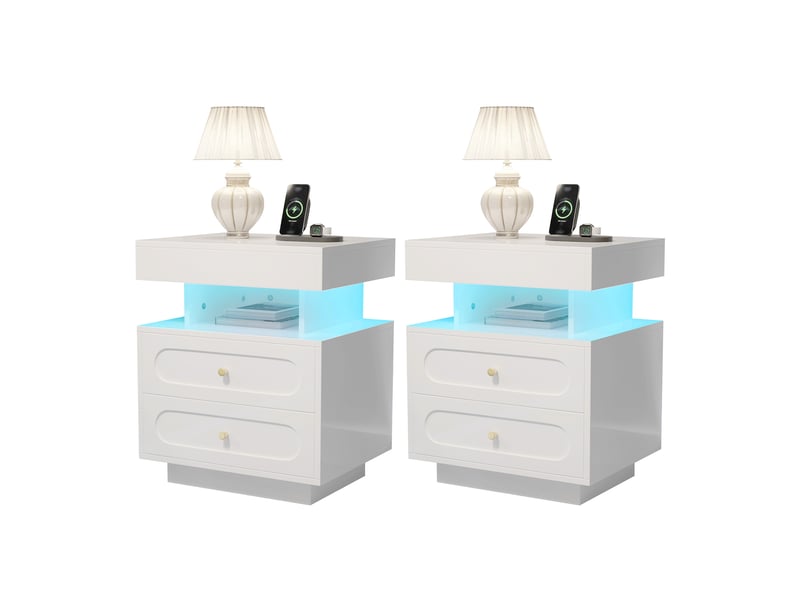  Table de chevet avec éclairage led, 2 tiroirs et espace de rangement ouvert, blanc, 100×40×60 cm  - Conforama E