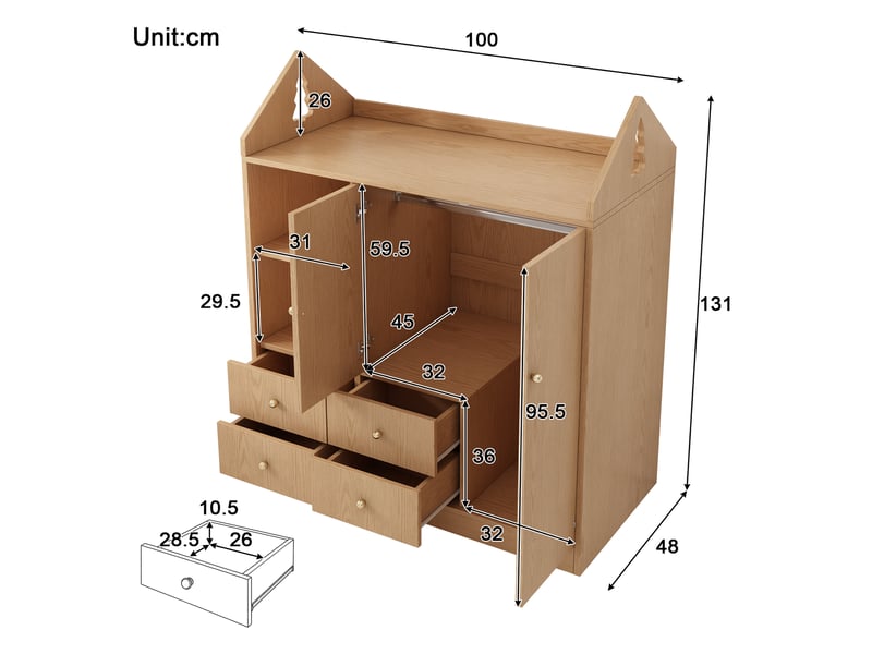 Armoire enfant 100x48x131 cm design maison avec 2 portes et 4 tiroirs, garde-robe avec niche ouverte, tablette supérieure et tringle, effet chêne Seren Glow - Conforama C