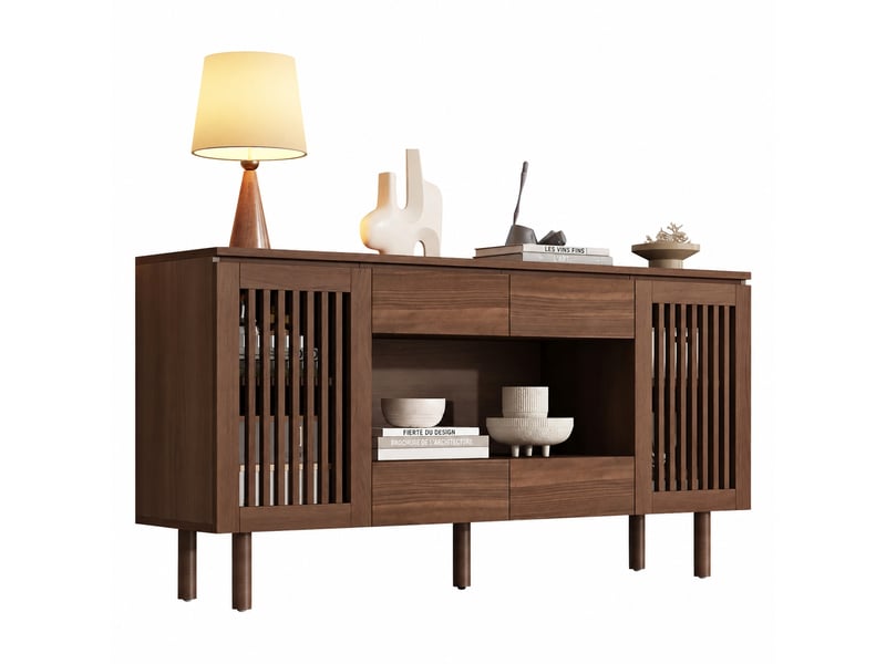 Buffet salon couleur noyer, meuble de rangement 140 cm avec 4 tiroirs et 2 portes à lattes - Conforama A