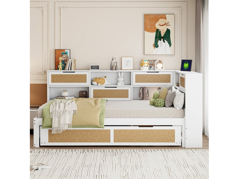 Lit banquette 90x200 cm avec lit gigogne 90x190, rangements et ports usb, blanc - Conforama D