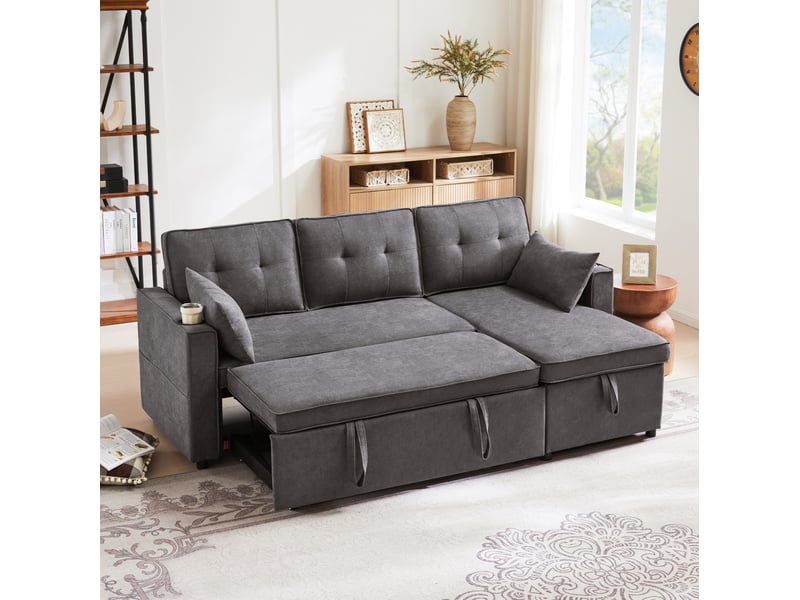 Canapé d'angle convertible 3 places 211 x 130 cm – gris – méridienne réversible, rangement et porte-gobelets  - Conforama B