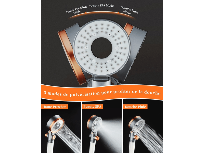  Pommeau de douche à économie d'eau, pomme de douche avec 5 filtres, avec 3 modes spa, conduite d'eau de 2 m  - Conforama C