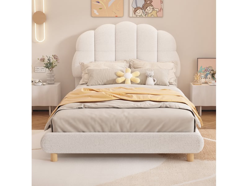  Lit enfant 90x200 cm en peluche blanche avec tête de lit fleur  - Conforama D