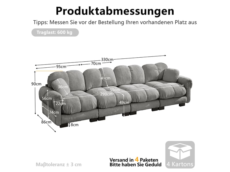  Canapé droit 4 places 330x86x90 cm, dossier ergonomique, assise épaisse, tissu en chenille, gris clair  - Conforama C