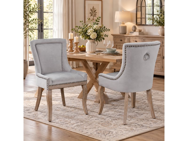  Lot de 2 chaises de salle à manger grises en velours, dossier capitonné, pieds en bois massif  - Conforama B
