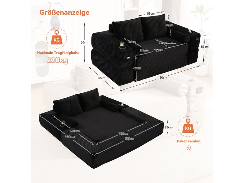 Canapé convertible 2 places modenvie en velours côtelé noir avec accoudoirs amovibles - Conforama C