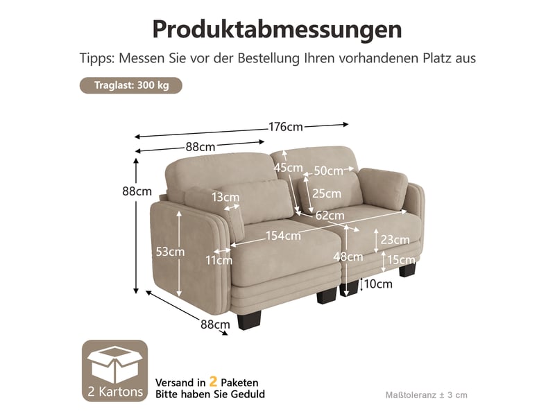  Canapé modulable - 2 places - coussins d'accoudoirs - tissu chenille - structure en bois massif - mobilier de salon - brun clair CozyNest - Conforama D