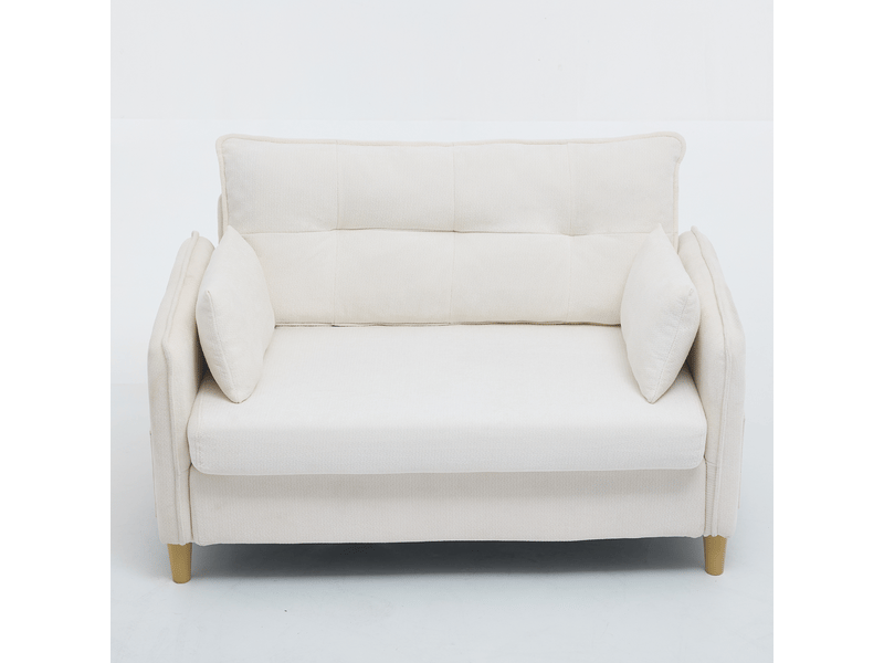 Canapé 2 places beige en tissu chenille, 127 cm, avec accoudoirs, coussins et poches latérales, pour salon moderne - Conforama A