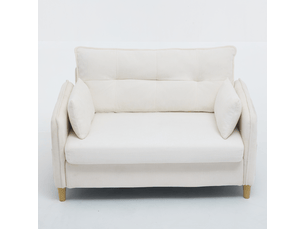 Canapé 2 places beige en tissu chenille, 127 cm, avec accoudoirs, coussins et poches latérales, pour salon moderne