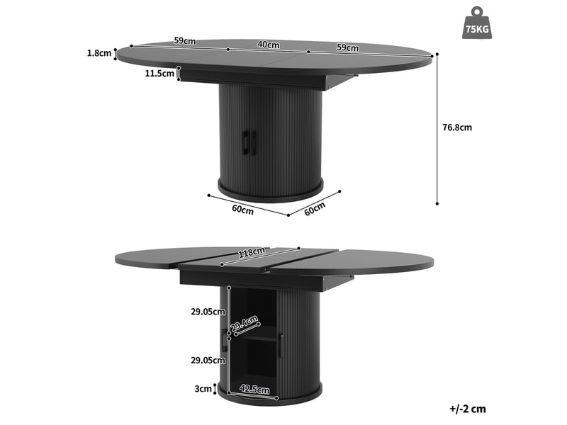 Table à manger extensible 118(158)x118x76.8 cm avec rangement en mdf noir - Conforama E