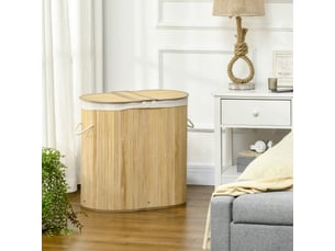 Panier à linge bambou naturel avec couvercle et 2 compartiments, sacs amovibles pour tri du linge