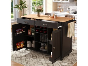 Desserte cuisine, îlot central sur roulettes avec plan de travail, range-bouteilles, dimensions 102 x 45 x 92 cm, mdf, noir