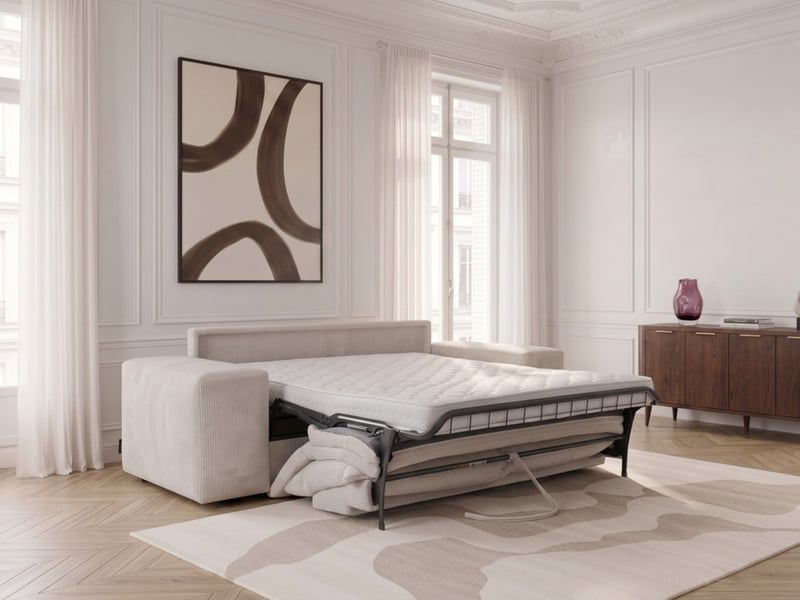 Bobochic canapé droit convertible ouverture express voltaire tissu velours côtelé beige 140x200 VOLTAIRE - Conforama C
