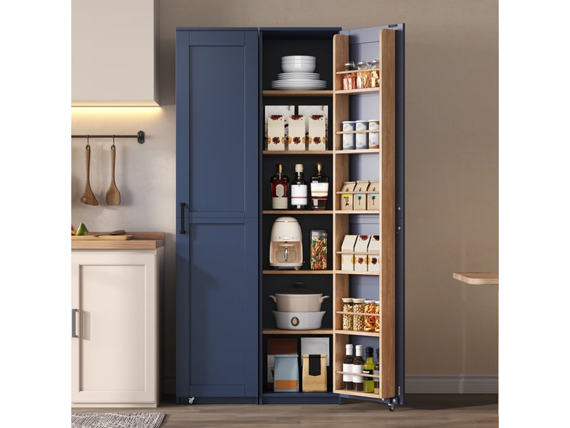 Armoire de cuisine haute bleue, meuble de rangement étroit 40x40 cm avec étagères réglables, hauteur 183 cm pour salon et salle de bain. - Conforama D