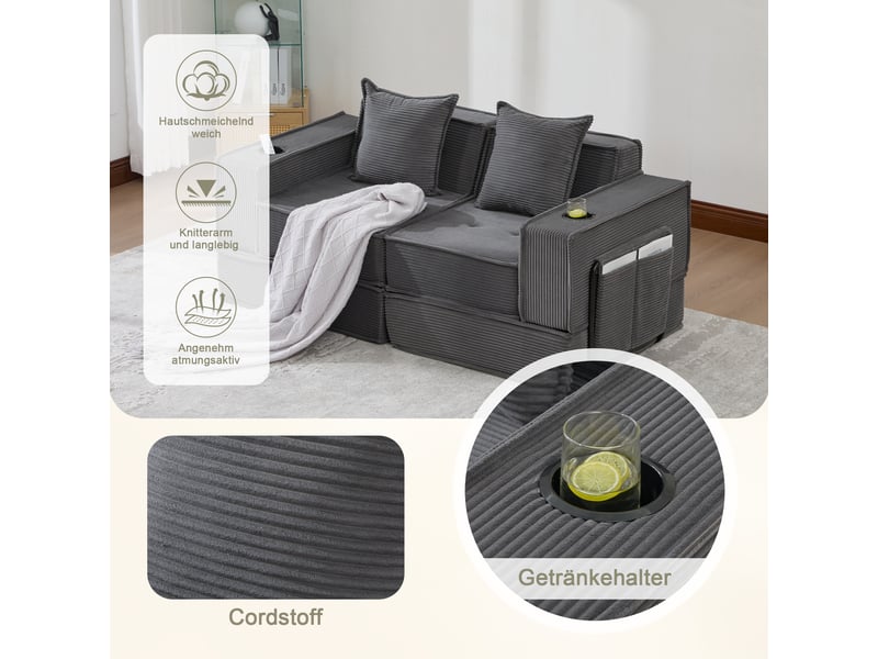  Canapé convertible, canapé-lit – avec pouf, 2 places, avec rangement, en tissu, porte-gobelets  - Conforama R