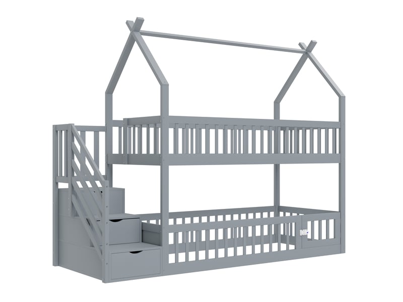  Lit superposé enfant avec toit et escalier-rangement, bois massif gris, 90x200 cm, tiroirs intégrés  - Conforama E