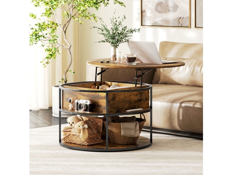  Table basse ronde relevable avec rangement caché et tablette ouverte en panneau de particules, marron, pour salon  - Conforama B