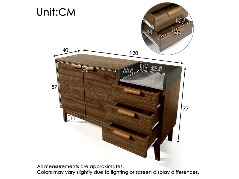  Buffet de salon chêne avec plateau effet marbre, 120cm, 3 tiroirs et portes (sans matelas)  - Conforama D
