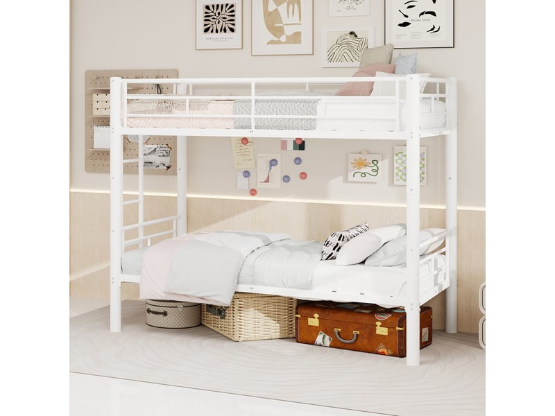  Lit superposé 2 x 90 x 190 cm en métal convertible en 2 lits simples, échelle et garde-corps, blanc, 196 x 103 x 156 cm Fay Lum - Conforama D