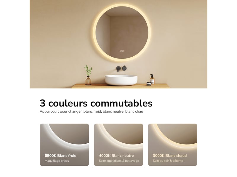  Emke miroir lumineux salle de bain rond diamètre 70cm, miroir led avec interrupteur tactile, anti-buée, miroir avec éclairage 3 couleurs  - Conforama C
