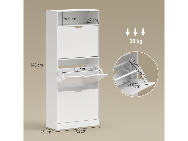  Meuble à chaussures étroit avec 3 tiroirs abattants, étagères réglables et compartiment ouvert, capacité de 12 à 18 paires, blanc  - Conforama D
