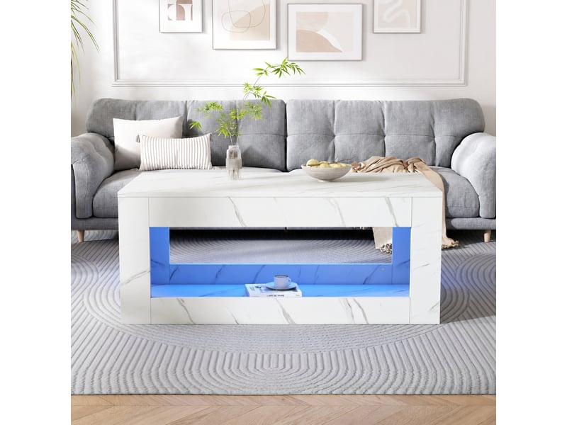Table basse led blanche, effet marbre brillant, rangement ouvert, 100 x 50 x 50 cm, blanc - Conforama C