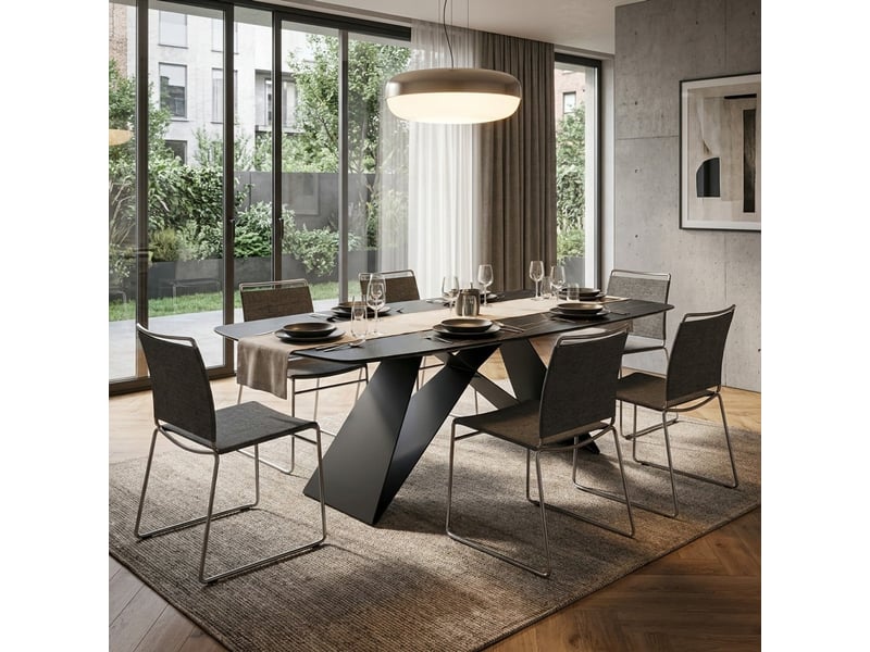  Table de salle à manger fixe en céramique et métal 220x110 orion - effet marbre noir  - Conforama B