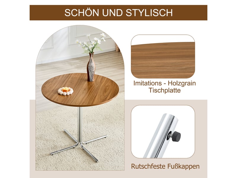  Table basse ronde avec plateau en mdf et piètement métal chromé, pieds antidérapants pour salon, coloris noyer et argent  - Conforama E