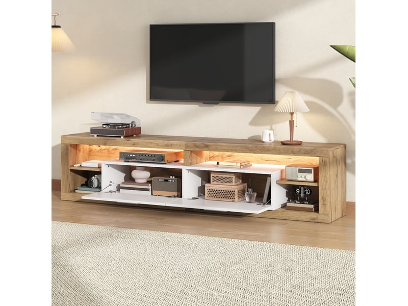  Meuble tv 180 x 35,5 x 50 cm avec led, 2 tiroirs, 4 niches, naturel et blanc  - Conforama D