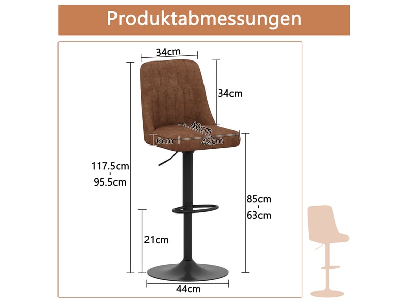  Tabourets de bar 95,5-117,5 cm lot de 2, réglables, pivotants 360°, structure métal, tissu technique, marron et noir  - Conforama C