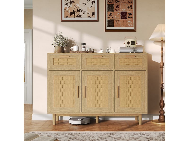 Buffet bahut - 3 tiroirs 3 portes - 107.9 x 40 x 80 cm - rotin tressé - style scandinave - rangement salon cuisine - en chêne - Conforama B